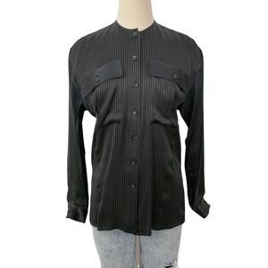 Escada Silk Button-Down Shirt Black/Green Striped Long Sleeves 34 (US 4) Vintage